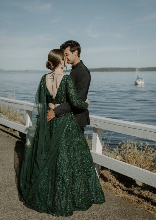 Emerald Green Sequins Lehenga